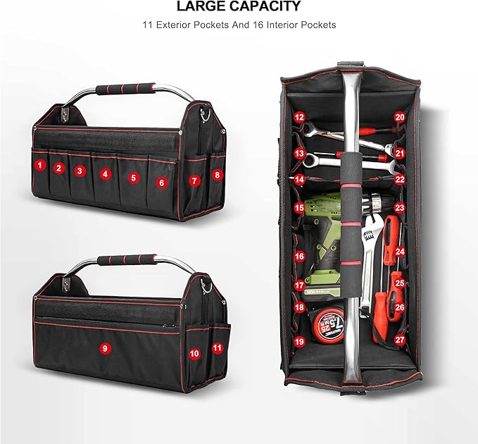 HAUTMEC 18 Inch Tool Bag, Foldable Open Top Tool Tote with 27 Pockets and Removable Partition, Heavy-Duty Electrician Tool Bag with Adjustable Shoulder Strap & Water-Resistant Molded Base – HT0020