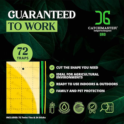 Catchmaster GRO Yellow Regular Double Sided Sticky Traps 72PK, Adhesive Bug & Fruit Fly Trap, Pest Control for Home, Farm, Garden, Hydroponics & Greenhouse, Protect Live Plants Indoor & Outdoor