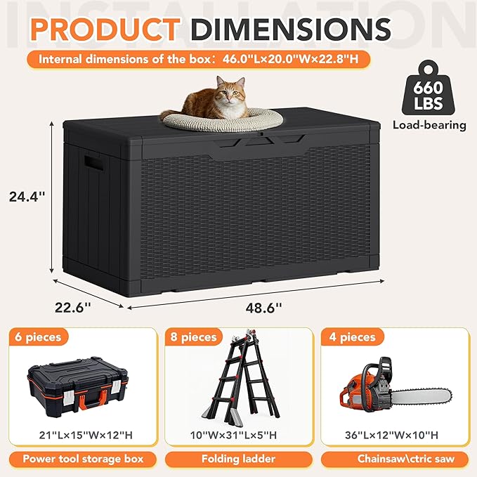 105 Gallon Deck Box Outdoor Indoor Waterproof Storage Box for Patio Furniture, Pool Accessories, Garden Tools, and Cushion Storage, Black