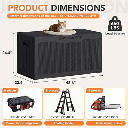 105 Gallon Deck Box Outdoor Indoor Waterproof Storage Box for Patio Furniture, Pool Accessories, Garden Tools, and Cushion Storage, Black