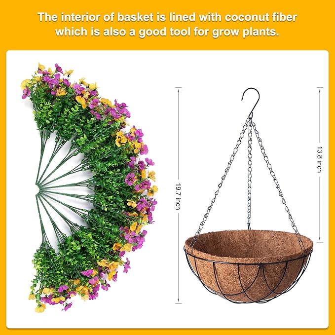 Artificial Silk Spring Flowers Hanging Basket for Outdoor Indoor, Daisy with Eucalyptus Leaves Arrangement for Yard Decor, Faux Green Plant in Metal Coconut Lining Pot(Purple Yellow)