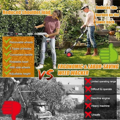 Electric Weed Wacker Eater,3-in-1 Cordless Weed Trimmer with 2 21V/4.0Ah Battery Operated & Fast Charger & 90Min Runtime, 3 Types of Blades for Thick Weeds/Edging/Mowing for Garden Yard -Grey