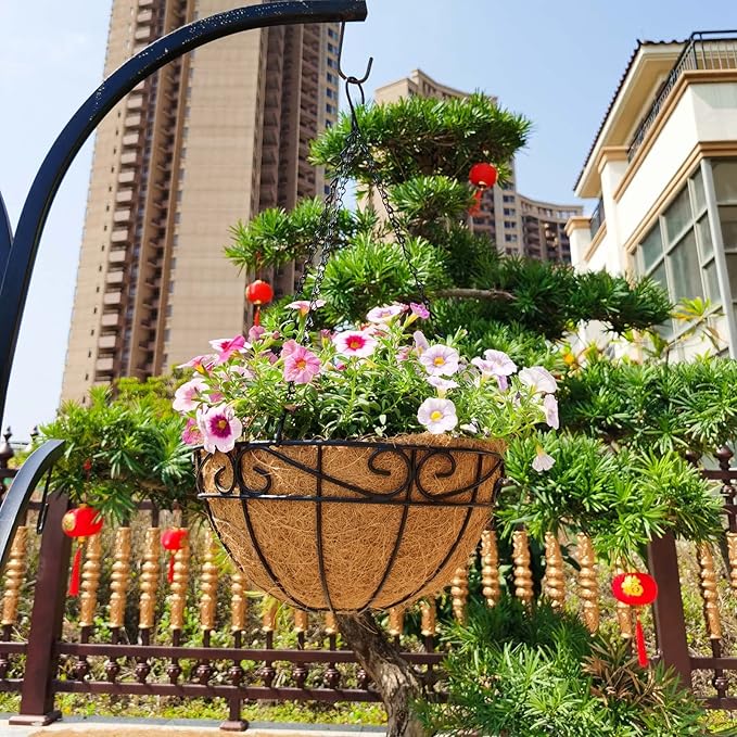 4 Pack 14 Inch Hanging Baskets for Plants Outdoor Metal Hanging Planter Basket with Coco Coir Liner Hanging Flower Pots Holder for Garden, Patio(Flower)