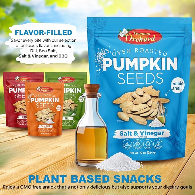 PREMIUM ORCHARD Flavored Pumpkin Seeds Oven Roasted | Salt and Vinegar| High Protein Snacks for Kids and Adults | Vegan Snack | Non GMO | KETO