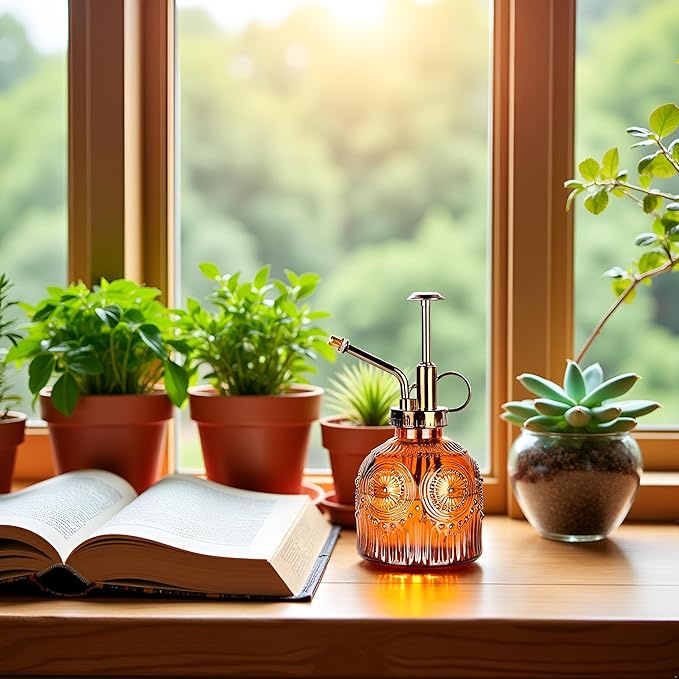 Glass Plant Mister Spray Bottle, 230ML Vintage Plant Spritzer, Succulent Watering Bottle Glass with Top Pump, Small Plants Sprayer Watering Can for Indoor Outdoor House - Brown