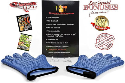 KITCHEN PERFECTION Silicone Smoker Oven Gloves -Extreme Heat Resistant BBQ Gloves -Handle Hot Food Right on Your Smoker Grill Fryer Pit|Waterproof Oven Mitts Grill Gloves |Superior Value Set+3 Bonuses