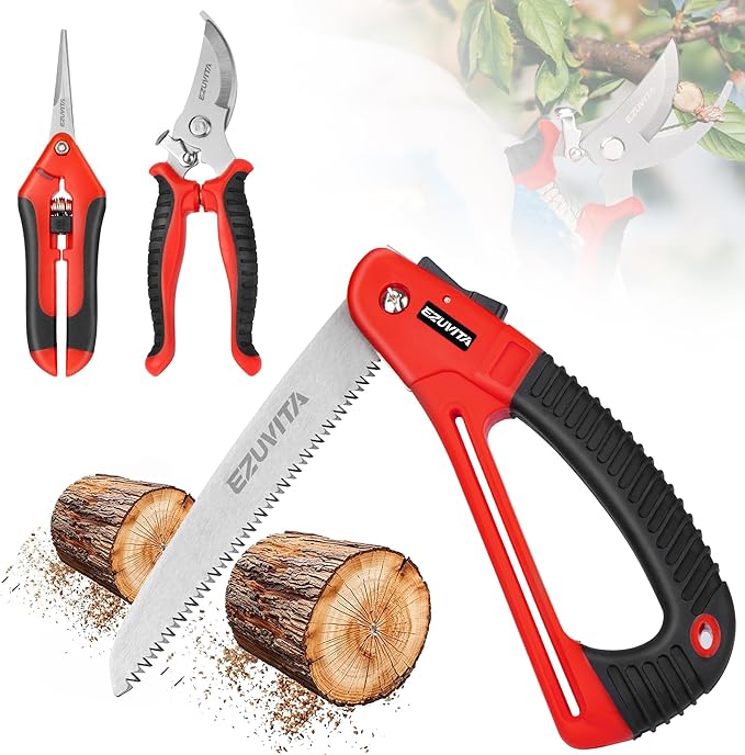 3PC Gardening Folding Saw with Pruner and Shears Set, 7 inch Hand Saw, Stainless Steel Garden Scissors 2 Pack, Professional Gardening Tools for Wood Cutting, Landscaping, Trimming, Picking