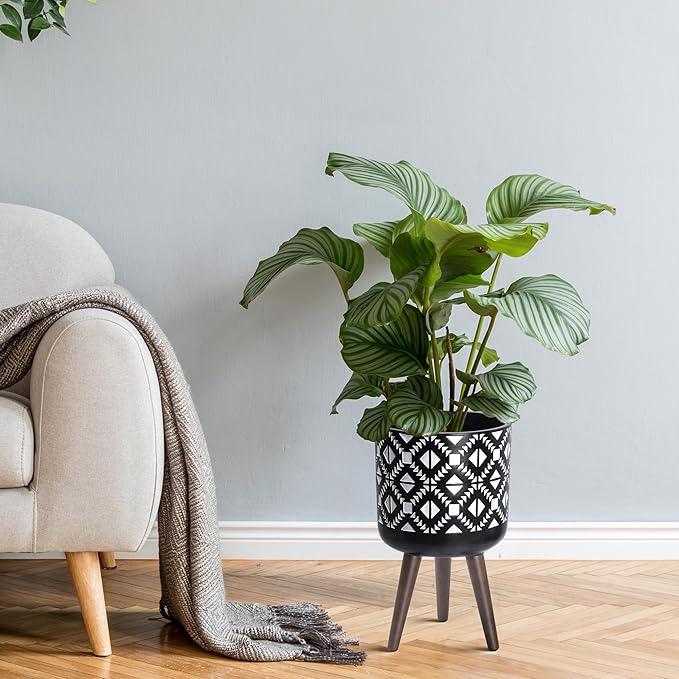 D'vine Dev 10 Inch Planter Pot with Stand, Mid-Century Tall Plant Pot with Legs for Indoor Plants, White/Black, 88-G-B-4
