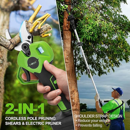 2-IN-1 Electric Pole Pruning Shears Cordless, 1.6" Cutting Diameter Cordless Pruner with 15 FT High Reach Extension Pole, 21V 4.0Ah Battery Powered Pole Pruner for Tree Trimming, LCD Display