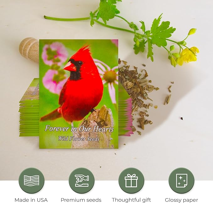 Pack of 20 Pre-Filled Seed Packets Forever in Our Hearts Thoughtful Party Favors for Guests, Funerals, and Memorial Services - Cardinal Wildflower Seed Mix for Year-Round Celebration of Life
