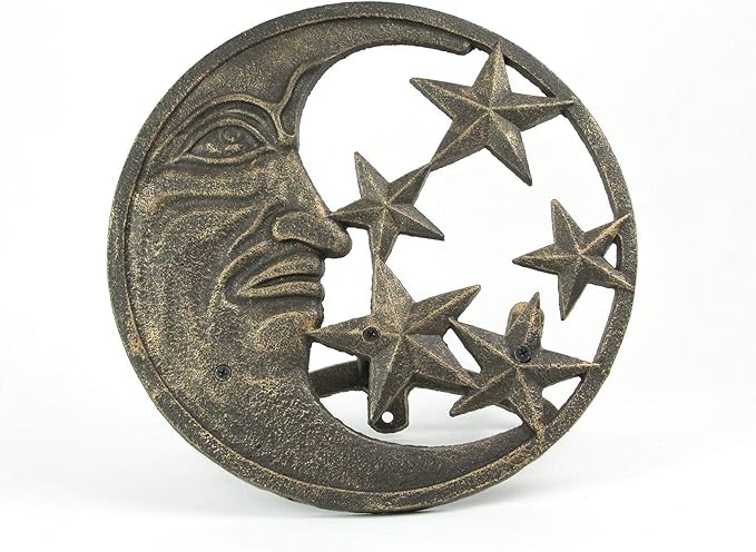 Zeckos Cast Iron Crescent Moon Face and Stars Decorative Wall Mounted Hanging Garden Hose Hanger Bronze Finish - Outdoor Hose Holder Décor - 12 Inches in Diameter