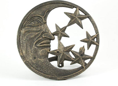 Zeckos Cast Iron Crescent Moon Face and Stars Decorative Wall Mounted Hanging Garden Hose Hanger Bronze Finish - Outdoor Hose Holder Décor - 12 Inches in Diameter