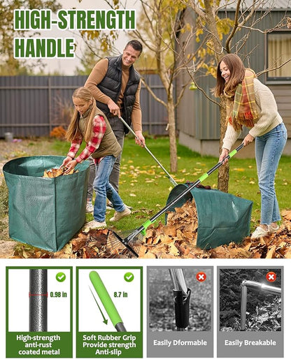 Joyhalo 63.4 Inch Rake for Leaves with 40 Gallon Dustpan-Typ Leaf Bags, Adjustable 18 Tines Metal Leaf Rake Set for Gardening Lawns Yard Outdoor Camping Shrub Grass Bush Grass Clippings