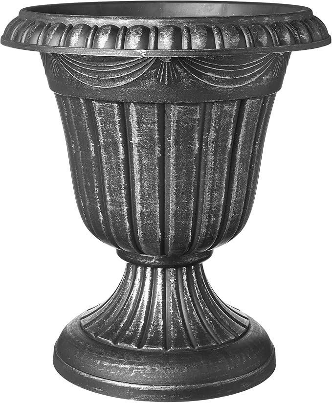 Arcadia Garden Products PL20SL Classic Traditional Plastic Urn Planter Indoor/Outdoor, 10" x 12", Brushed Silver