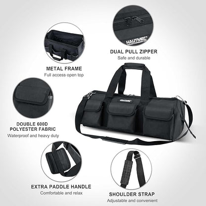 HAUTMEC 24" Heavy-Duty Tool Bag, 21-Pocket Wide Mouth Tote with Metal Frame, Waterproof Hard Base, Reinforced 1680D Pockets, Double Zippers & Shoulder Strap – Professional Tool Organizer – HT0184