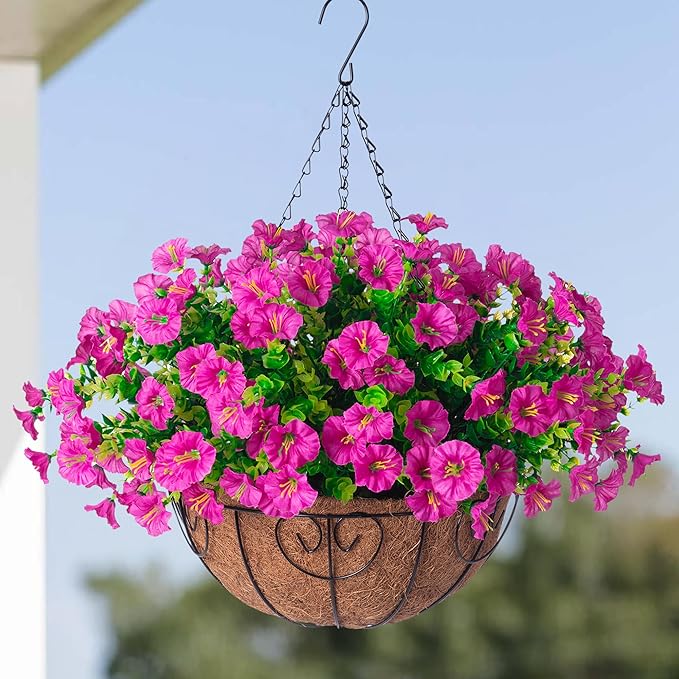 Artificial Fake Hanging Flowers Plants Baskets for Outdoor Spring Summer Decoration, Faux Silk Morning Glory in Planter UV Resistant Realistic for Home Outside Porch Patio Balcony Garden Yard, Fuchsia