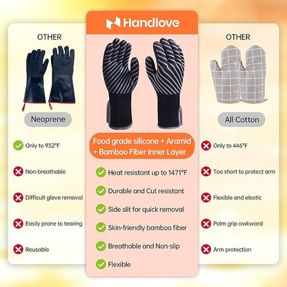HandLove BBQ Gloves, Oven Gloves with Fingers –1472℉ Heat Resistant Gloves for Grilling | Aramid Retardant Non-Slip Grip, Bamboo-Lining Fire, Black,L