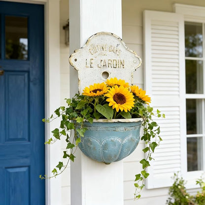 Vintage Style Cast Iron Wall Planter, Cultive Dans Le Jardin French Inspired Hanging Flower Pot, 27" Decoractive Retro Wall Mount Planter with Rustic Charm for Indoor Outdoor Garden Decor