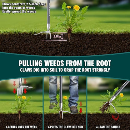 SOMOLUX 52'' Weed Puller Tool Stand-up Weeder with Metal Long Handle/Stainless Steel Claw, Gardening Manual Tool Weed Gripper/Picker/Remover No Bending/Kneeling to Remove Dandelion Form Lawn Patio