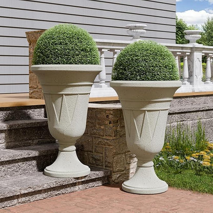 Tall Plastic Urn Planters for Outdoor Plants Set of 2-23.6" H Classic Trophy Design Indoor Large Flower Pots with Drainage Holes, Outdoor Planters for Porch Decor/Garden Vase, Off-White