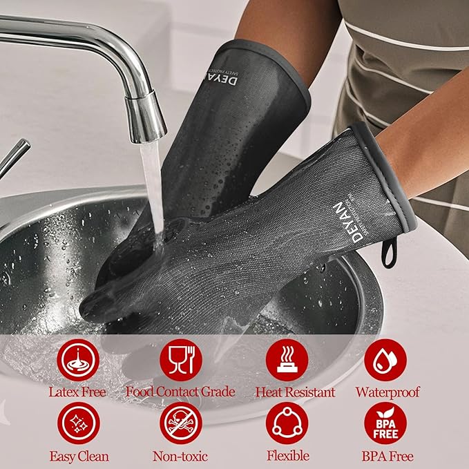 DEYAN Silicone BBQ & Oven Gloves - Food Grade, Heat Resistant Waterproof & Oil Proof Gloves for Grilling, Baking, Frying, Cooking - Long Sleeve & Non-Slip Grip, 1 Pair(Black, 9/L)
