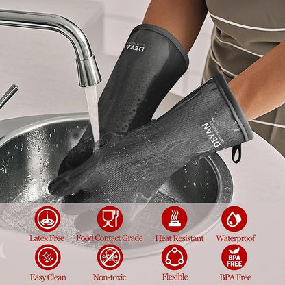 DEYAN Silicone BBQ & Oven Gloves - Food Grade, Heat Resistant Waterproof & Oil Proof Gloves for Grilling, Baking, Frying, Cooking - Long Sleeve & Non-Slip Grip, 1 Pair(Black, 8/M)