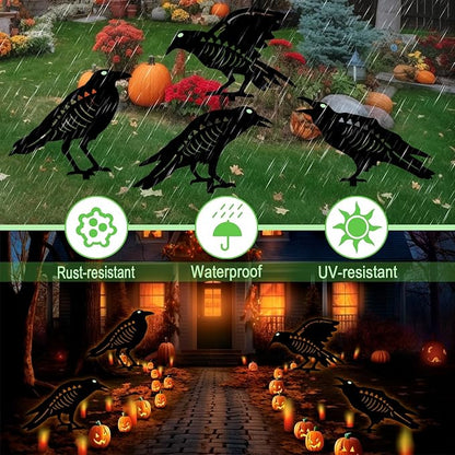 Halloween Black Crow Garden Stake Decor 4 Pack Scary Raven Silhouette Metal Yard Signs with Glow-in-The-Dark Eyes for Outdoor Halloween Decorations (Crow Black)