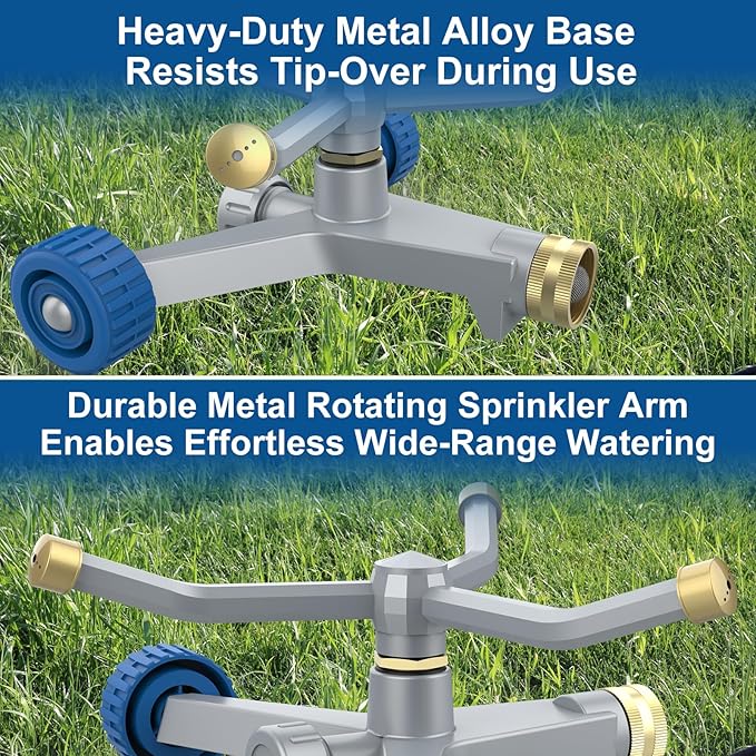 Sprinklers for Yard, 3-Arm Metal Sprinkler with Wheel Base, 360-degree Automatic Rotary Lawn Sprinkler System for Garden Yard