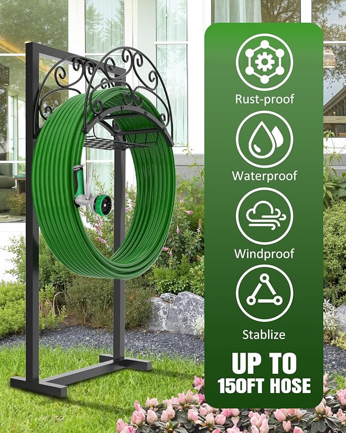 Breeze Touch Garden Hose Holder Freestanding with Basket, Heavy Duty Outdoor Hose Stand, Metal Rack for Yard, Durable Water Hose Storage for outside, Compact Organizer for Garden Use
