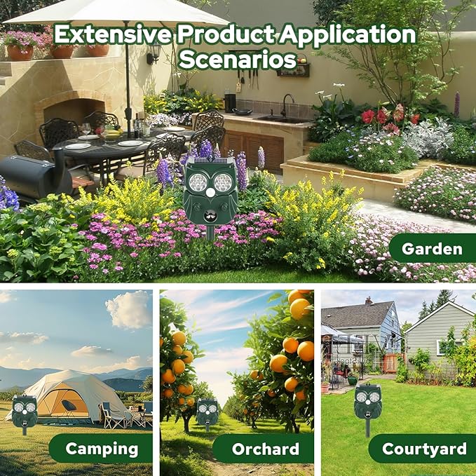 [2025 Upgrade] Solar Animal Repellent Outdoor for Deer Squirrel Mole Rabbit Cat Skunk Bird Raccoon Dog, Waterproof Ultrasonic Pest Repeller with Motion Detector and LED for Yard Lawns Garden 2 Pack