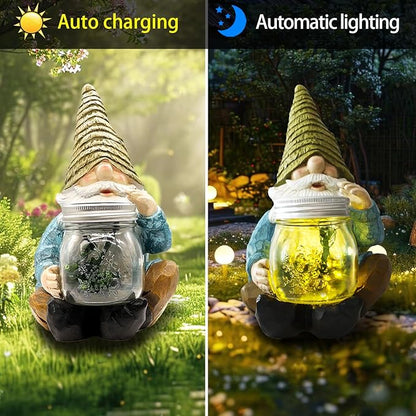 Solar Firefly Jar Gnome Waterproof - Christmas Large Garden Gnome Funny Solar Outdoor LED Lights Resin Statues 10.6" Lantern Figurines Xmas Decorations Birthday Housewarming Gifts for Mom Women