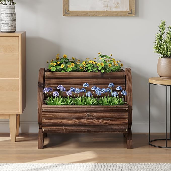 Wooden Flower Cart with Wheels Wooden Wagon Planter Outdoor Garden Planter, Decor Planter for Patio Balcony Decoration Succulent Flower Pot Flower Cart for Indoor Backyard Balcon Décor