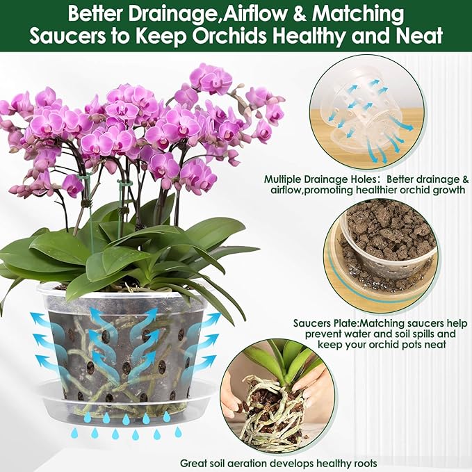 12 Pack Plastic Orchid Pots with Holes,5 Sizes 3, 4, 5, 6,7 Inch Clear Orchid Pots for Repotting with Saucers Drainage and Plant Stakes, Large Small Breathable Orchids Planter Plant Pot