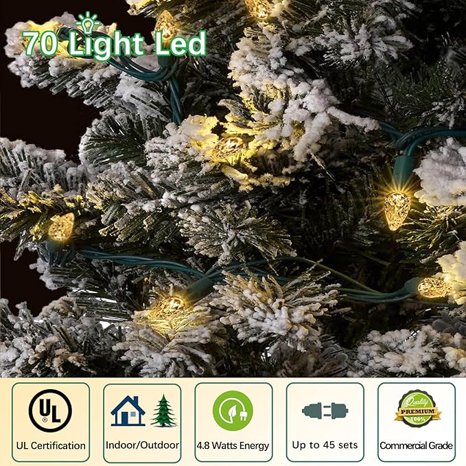 70 Count C6 Warm White Christmas Lights - 35.5ft Outdoor, Waterproof, Green Wire, IP65, UL Listed