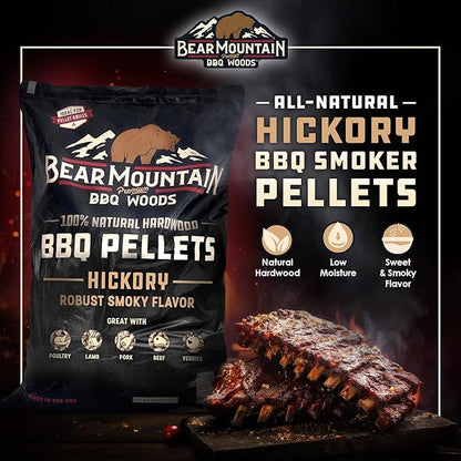 Bear Mountain All Natural Wood Pellets for Smoker, Grill & BBQ, 40 Lbs, Hickory - Premium Hardwood Barbecue Pellets for Indoor and Outdoor Grilling