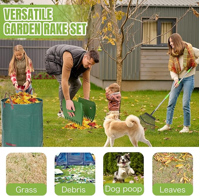 JOYHALO 65 Inch Rake for Leaves, 25 Tines Metal Leaf Rake Set with 32 Gallon Leaf Bags Scoops, Garden Rakes 18in Wide, Rakes for Gardening Lawns Yard Outdoor Camping Shrub Grass Bush