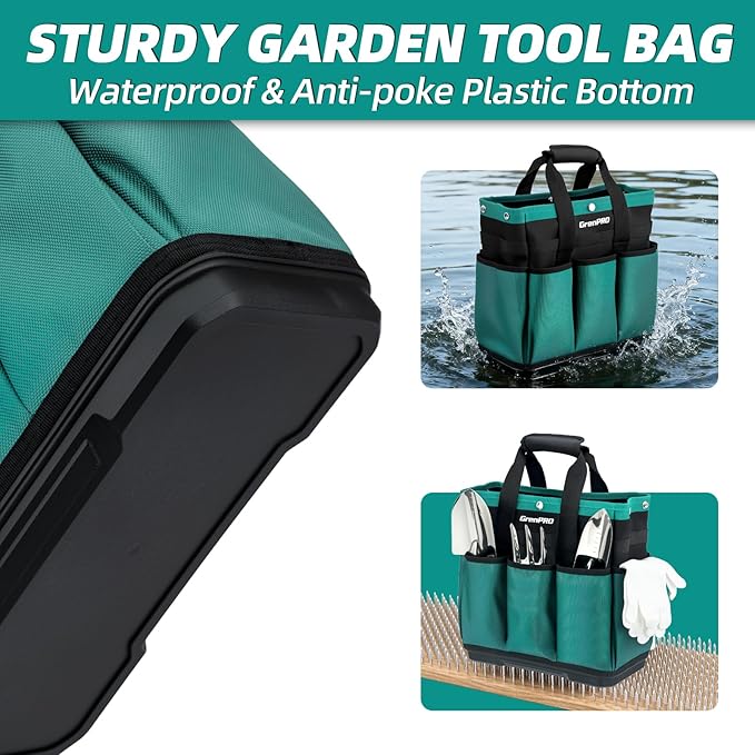 Garden Tool Bag Molded Bottom, Heavy Duty Tool Tote Toolbox with 10 Pockets, Reinforced & Top Snap Closure for Gardening Tools Storage, Dark Green(Tools Not Included)