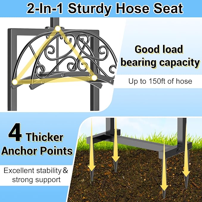 Garden Hose Holder Hanger Freestanding, Upgraded 4 Spikes Heavy Duty Storage Reel Stand with Shepherds Hooks, Holds 150ft Hose for Outside Garden Yard Lawn vegetable patch