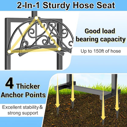 Garden Hose Holder Hanger Freestanding, Upgraded 4 Spikes Heavy Duty Storage Reel Stand with Shepherds Hooks, Holds 150ft Hose for Outside Garden Yard Lawn vegetable patch