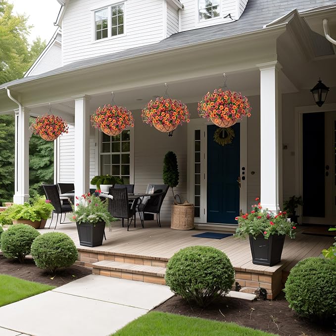 Artificial Silk Flowers Hanging Baskets for Outdoors Indoors, Daisy with Eucalyptus Leaves Arrangement for Garden Yard Decor, Faux Green Plant in Metal Coconut Lining Flowerpot(Orange Brown)