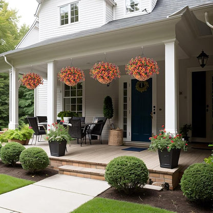 Artificial Silk Flowers Hanging Baskets for Outdoors Indoors, Daisy with Eucalyptus Leaves Arrangement for Garden Yard Decor, Faux Green Plant in Metal Coconut Lining Flowerpot(Orange Brown)