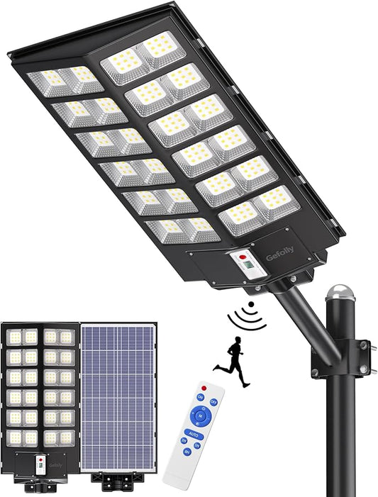 Gefolly SL-9800W Solar Street Lights Outdoor, 860000LM Commercial Parking Lot Light, 6500K Dusk to Dawn IP67 Security Flood Lights Motion Sensor Led Lamp for Basketball Court, Road, Yard