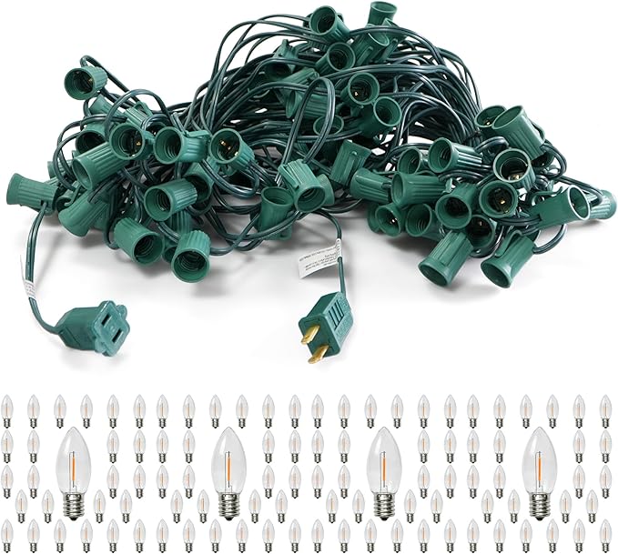 LUCKY TL 100 FT C9/E17 Christmas Light Sockets Spool Set, with 100 C9 Bulbs，Green SPT-1 Wire, 12 Inch Spacing, UL Listed