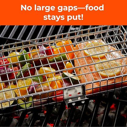 Adjustable Grill Basket w/Removable Handle - 4 Levels of adjustment for endless cooking options - Accessories include basting brush, scrub sponge, & storage bag