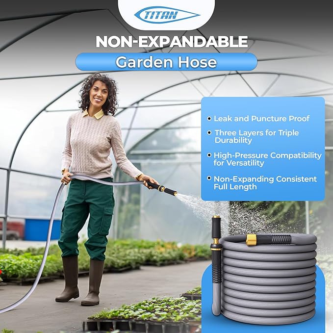 TITAN Garden Hose | Flexible, Lightweight, Kink-Free & Durable Hybrid Water Hose with Heavy Duty Brass Connectors & High-Pressure Jet Nozzle (75FT x 1/2”)