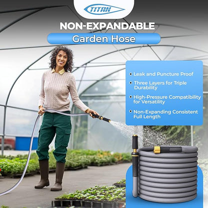 TITAN Garden Hose | Flexible, Lightweight, Kink-Free & Durable Hybrid Water Hose with Heavy Duty Brass Connectors & High-Pressure Jet Nozzle (75FT x 1/2”)