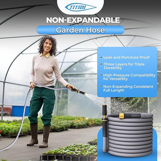 TITAN Garden Hose | Flexible, Lightweight, Kink-Free & Durable Hybrid Water Hose with Heavy Duty Brass Connectors & High-Pressure Jet Nozzle (75FT x 1/2”)