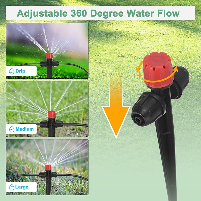 30-Pack Drip Irrigation Emitters Sprayers, Drippers on 5"/13mm Stake Adjustable 360 Degree Water Flow 8 Holes for 1/4" Drip Irrigation Tubing for Watering System [Red, Drip]