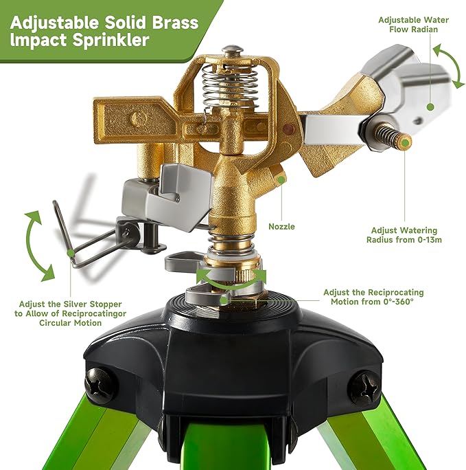 Impact Sprinklers on Tripod Base with Ground Plugs,Heavy Duty Brass Head Sprinkler with 360 Degree Spray,0-44ft Large Area Irrigation,Tripod Sprinkler with Extension Legs for Yard Garden Lawn,1 Pack
