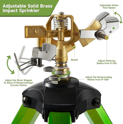 Impact Sprinklers on Tripod Base with Ground Plugs,Heavy Duty Brass Head Sprinkler with 360 Degree Spray,0-44ft Large Area Irrigation,Tripod Sprinkler with Extension Legs for Yard Garden Lawn,1 Pack